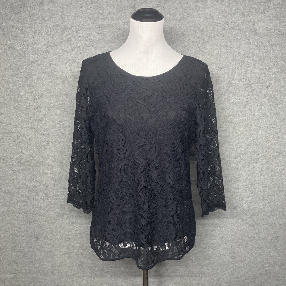 Adrianna Papell Womens Large Black Crochet Top Long Sleeve Lined Zip Back Formal - Picture 9 of 11